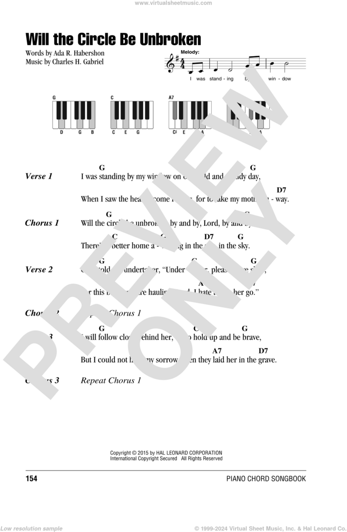 Will The Circle Be Unbroken sheet music for piano solo (chords, lyrics, melody) by Charles H. Gabriel and Ada R. Habershon, intermediate piano (chords, lyrics, melody)