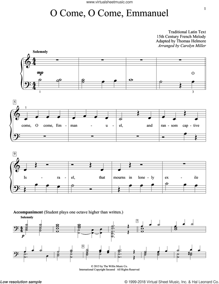 O Come, O Come, Emmanuel sheet music for piano solo (elementary) by John M. Neale (v. 1,2), Carolyn Miller, 15th Century French Melody, Henry S. Coffin (v. 3,4) and Thomas Helmore, beginner piano (elementary)