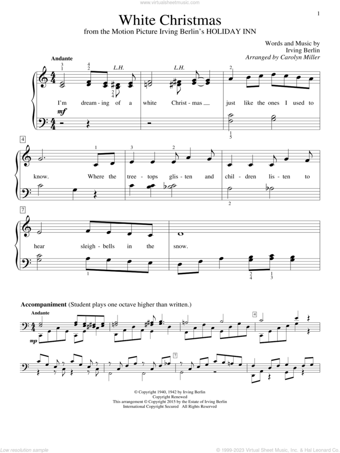 White Christmas sheet music for piano solo (elementary) by Irving Berlin and Carolyn Miller, beginner piano (elementary)