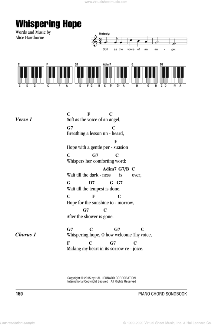Whispering Hope sheet music for piano solo (chords, lyrics, melody) by Septimus Winner and Alice Hawthorne, intermediate piano (chords, lyrics, melody)