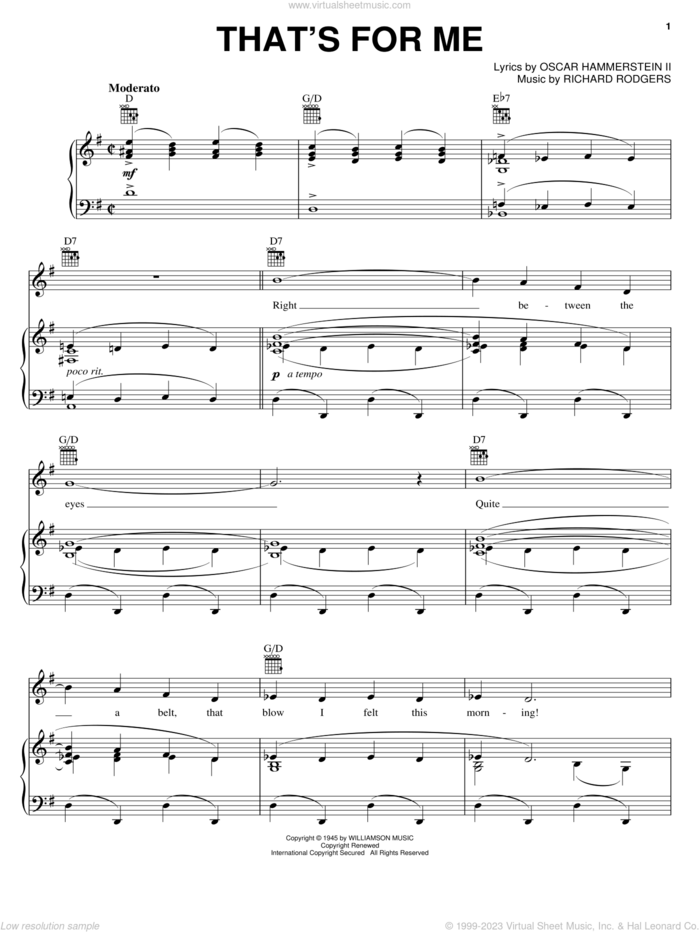 That's For Me sheet music for voice, piano or guitar by Rodgers & Hammerstein, State Fair (Musical), Oscar II Hammerstein and Richard Rodgers, intermediate skill level