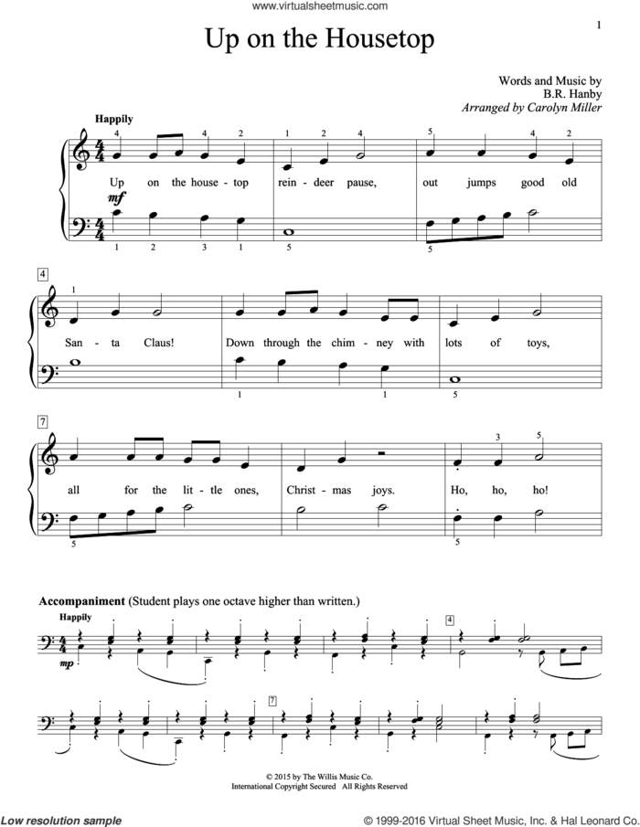 Up On The Housetop (arr. Carolyn Miller) sheet music for piano solo (elementary) by Benjamin Hanby and Carolyn Miller, beginner piano (elementary)
