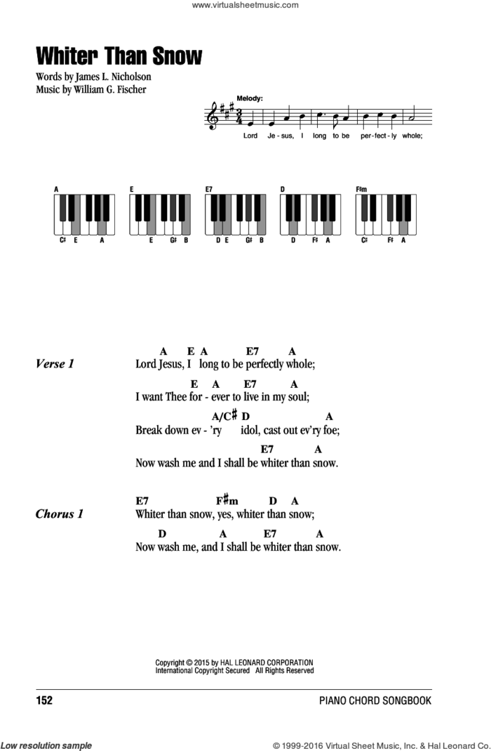 Whiter Than Snow sheet music for piano solo (chords, lyrics, melody) by William G. Fischer and James L. Nicholson, intermediate piano (chords, lyrics, melody)