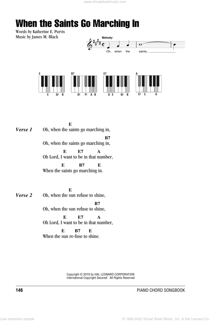 When The Saints Go Marching In sheet music for piano solo (chords, lyrics, melody) by James M. Black and Katherine E. Purvis, intermediate piano (chords, lyrics, melody)
