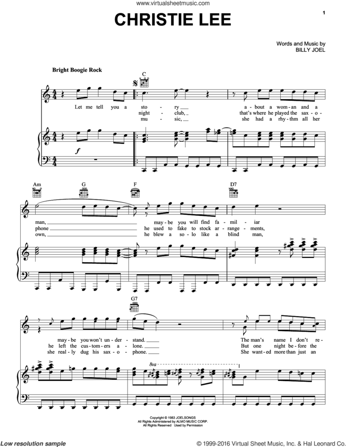 Christie Lee sheet music for voice, piano or guitar by Billy Joel and David Rosenthal, intermediate skill level