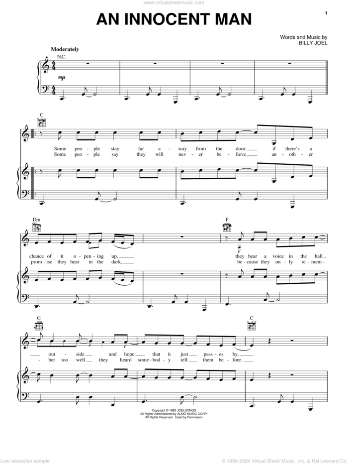 An Innocent Man sheet music for voice, piano or guitar by Billy Joel and David Rosenthal, intermediate skill level