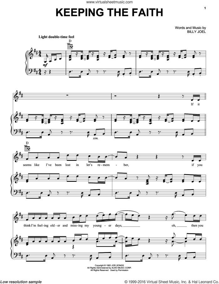 Keeping The Faith sheet music for voice, piano or guitar by Billy Joel and David Rosenthal, intermediate skill level