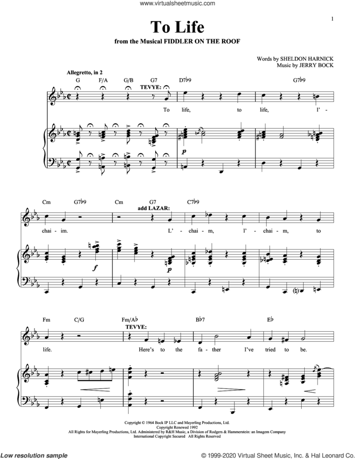 To Life sheet music for voice and piano by Sheldon Harnick and Jerry Bock, intermediate skill level