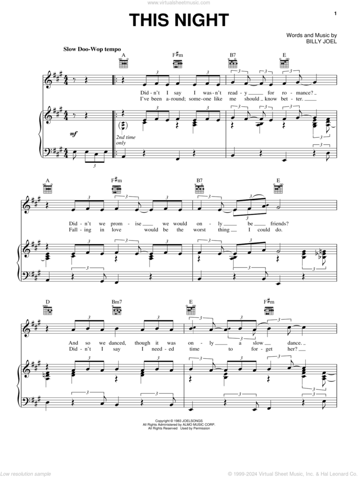 This Night sheet music for voice, piano or guitar by Billy Joel and David Rosenthal, intermediate skill level