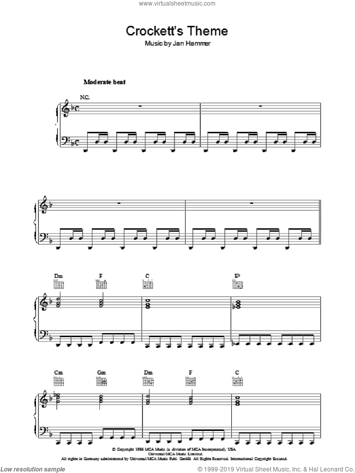 Crockett's Theme (from Miami Vice) sheet music for piano solo by Jan Hammer, intermediate skill level