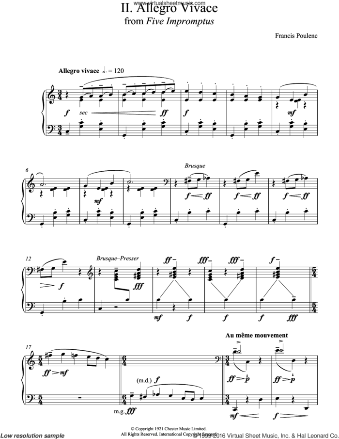 Allegro Vivace (From Five Impromptus) sheet music for piano solo by Francis Poulenc, classical score, intermediate skill level