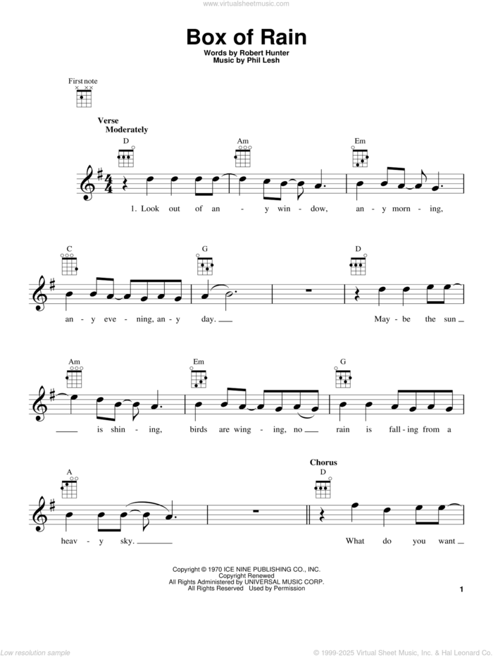 Box Of Rain sheet music for ukulele by Grateful Dead, Phil Lesh and Robert Hunter, intermediate skill level