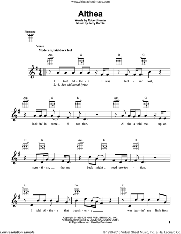 Althea sheet music for ukulele by Grateful Dead, Jerry Garcia and Robert Hunter, intermediate skill level