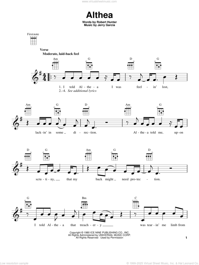 Althea sheet music for ukulele by Grateful Dead, Jerry Garcia and Robert Hunter, intermediate skill level