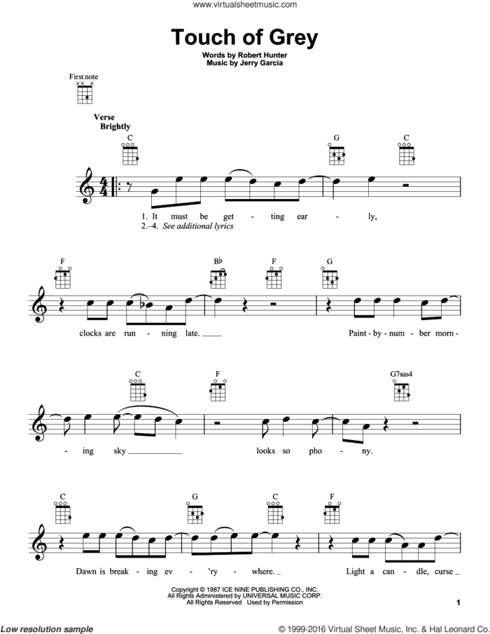Touch Of Grey sheet music for ukulele by Grateful Dead, Jerry Garcia and Robert Hunter, intermediate skill level