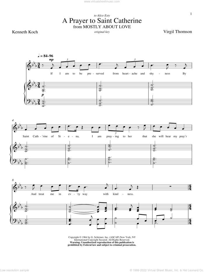 A Prayer To Saint Catherine sheet music for voice and piano (High Voice) by Virgil Thomson, Richard Walters and Kenneth Koch, classical score, intermediate skill level