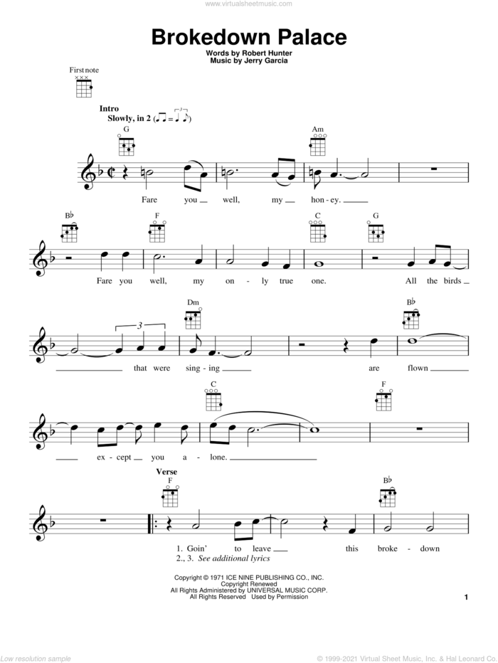 Brokedown Palace sheet music for ukulele by Grateful Dead, Jerry Garcia and Robert Hunter, intermediate skill level