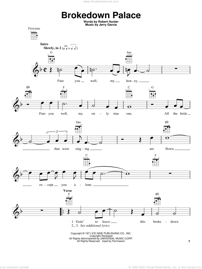 Brokedown Palace sheet music for ukulele by Grateful Dead, Jerry Garcia and Robert Hunter, intermediate skill level