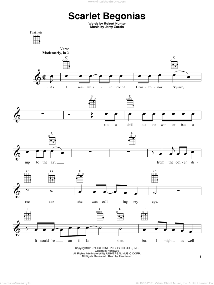 Scarlet Begonias sheet music for ukulele by Grateful Dead, Sublime, Jerry Garcia and Robert Hunter, intermediate skill level