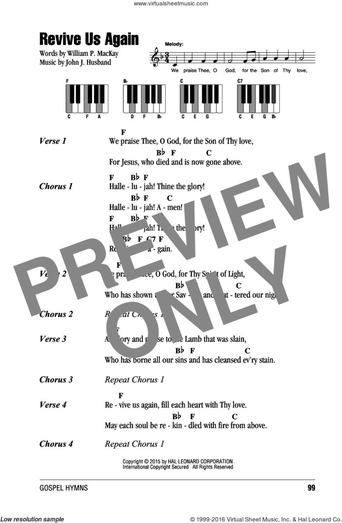 Revive Us Again sheet music for piano solo (chords, lyrics, melody) by John J. Husband and William P. MacKay, intermediate piano (chords, lyrics, melody)