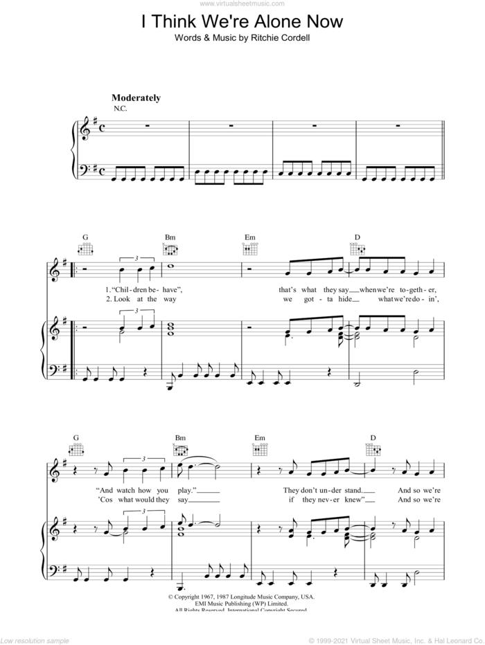 I Think We're Alone Now sheet music for voice, piano or guitar by Tiffany and Ritchie Cordell, intermediate skill level