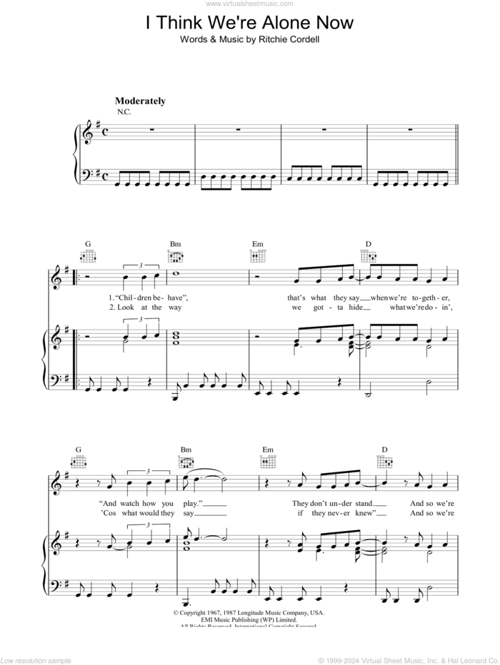 I Think We're Alone Now sheet music for voice, piano or guitar by Tiffany and Ritchie Cordell, intermediate skill level