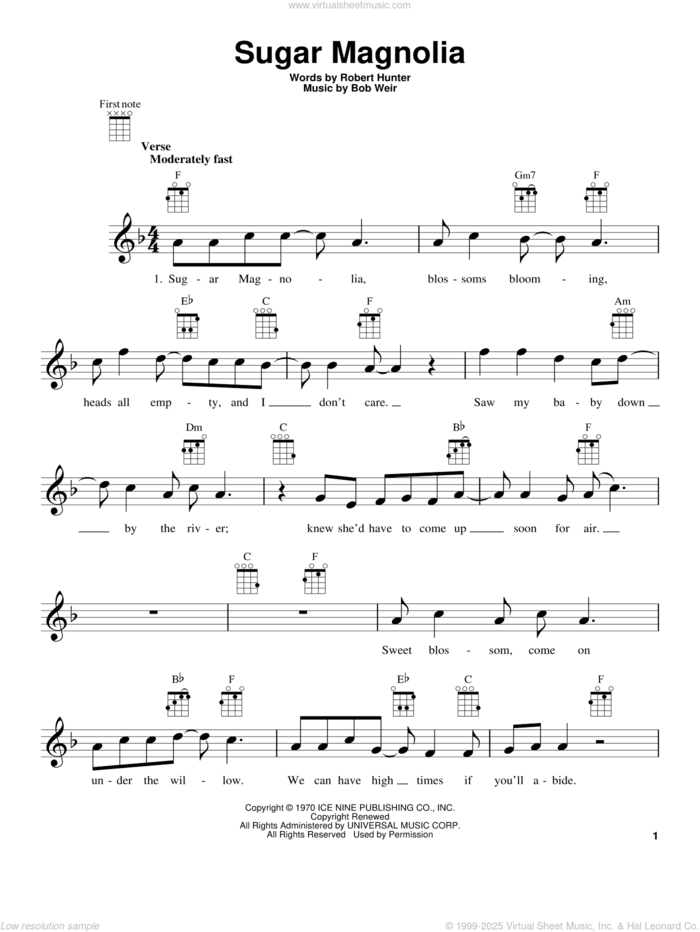 Sugar Magnolia sheet music for ukulele by Grateful Dead, Bob Weir and Robert Hunter, intermediate skill level