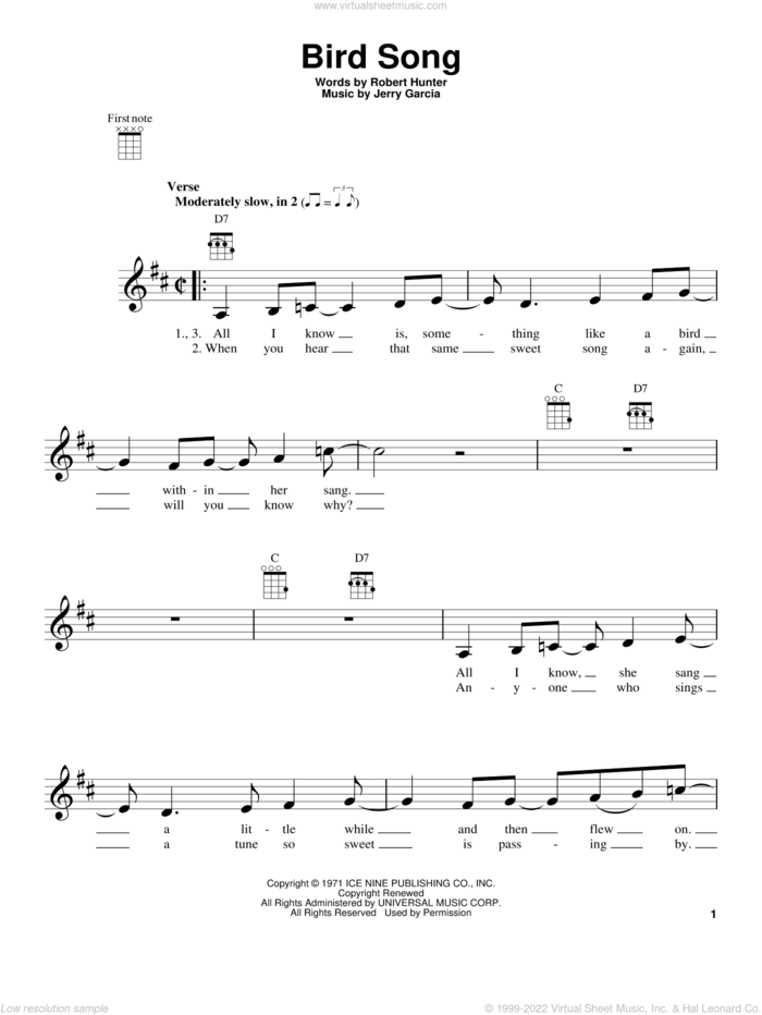 Bird Song sheet music for ukulele by Grateful Dead, Jerry Garcia and Robert Hunter, intermediate skill level