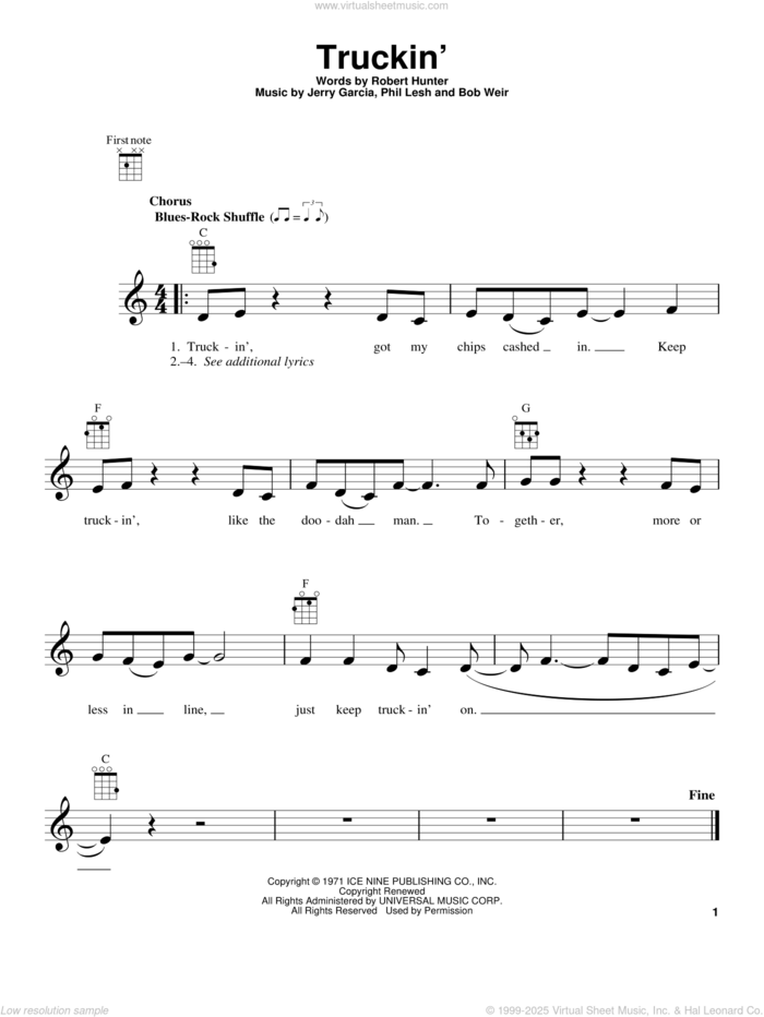 Truckin' sheet music for ukulele by Grateful Dead, Bob Weir, Jerry Garcia, Phil Lesh and Robert Hunter, intermediate skill level