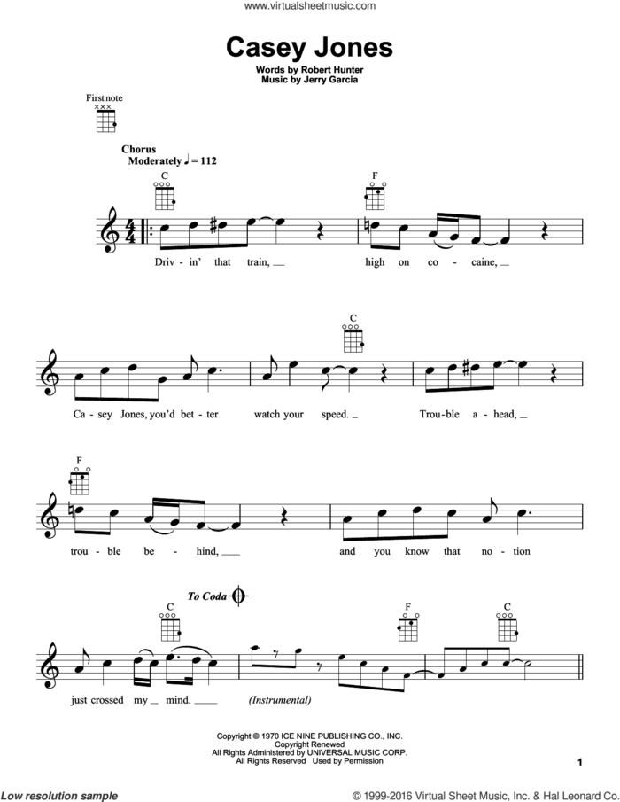 Casey Jones sheet music for ukulele by Grateful Dead, Jerry Garcia and Robert Hunter, intermediate skill level