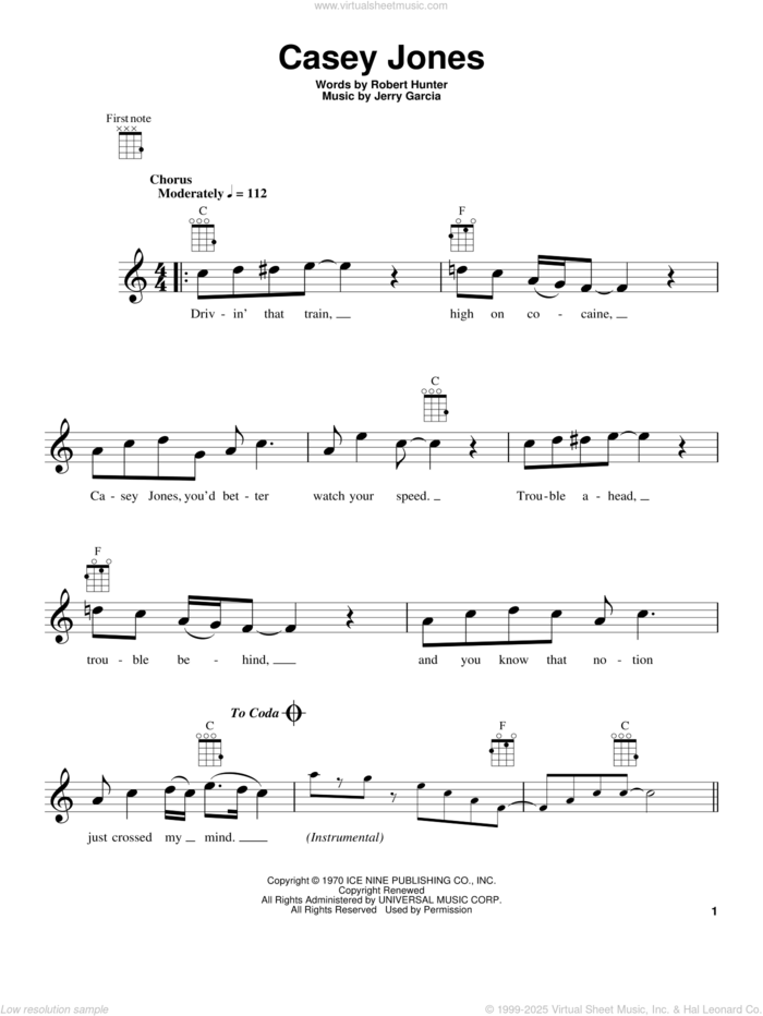 Casey Jones sheet music for ukulele by Grateful Dead, Jerry Garcia and Robert Hunter, intermediate skill level