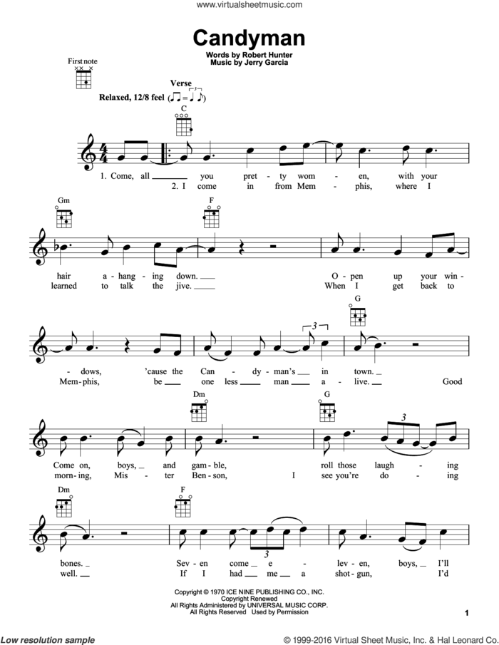 Candyman sheet music for ukulele by Grateful Dead, Jerry Garcia and Robert Hunter, intermediate skill level