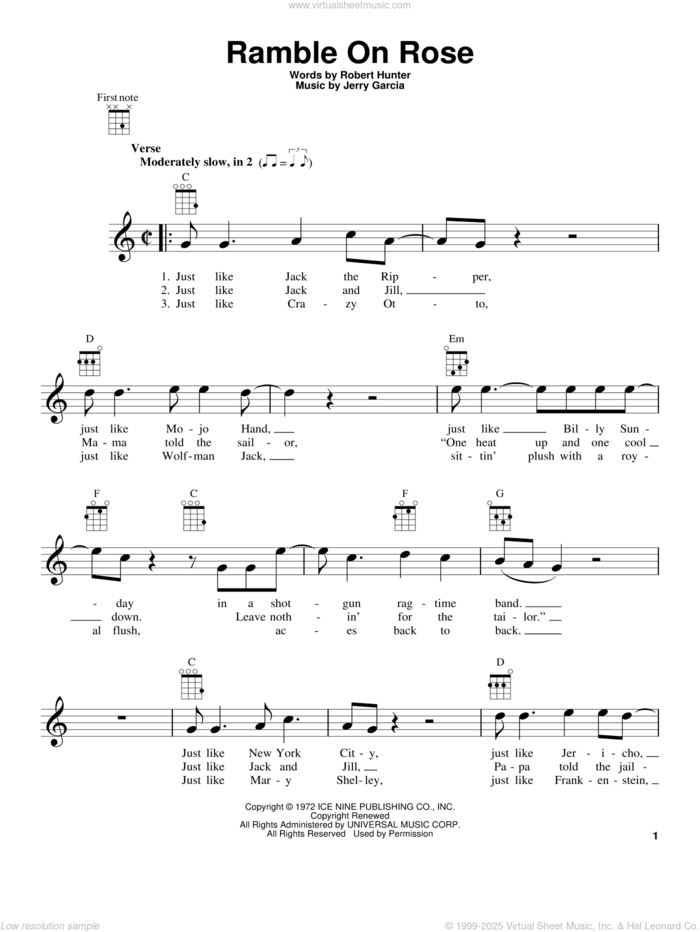 Ramble On Rose sheet music for ukulele by Grateful Dead, Jerry Garcia and Robert Hunter, intermediate skill level