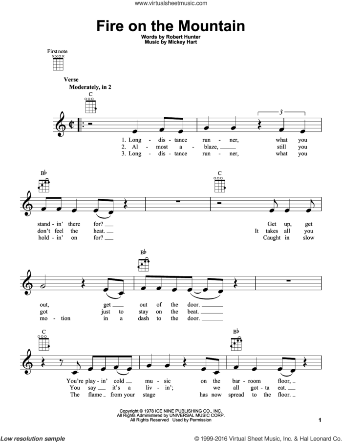 Fire On The Mountain sheet music for ukulele by Grateful Dead, Mickey Hart and Robert Hunter, intermediate skill level