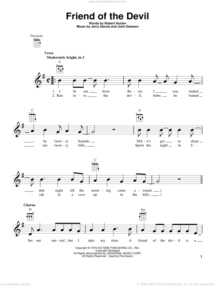 Friend Of The Devil (from The Daily Ukulele) sheet music for ukulele by Grateful Dead, Jerry Garcia, John Dawson and Robert Hunter, intermediate skill level