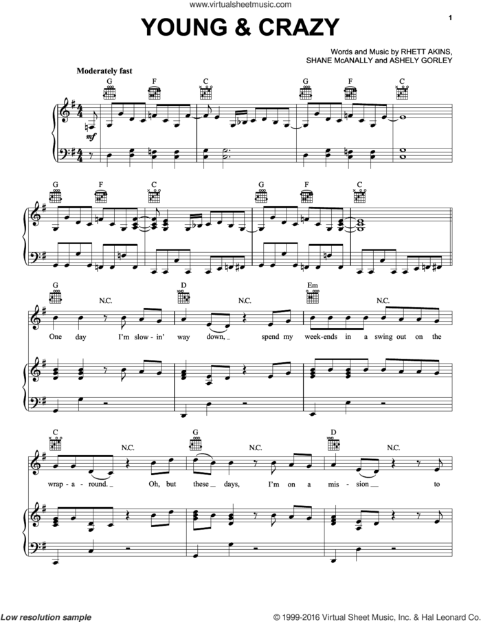 Young and Crazy sheet music for voice, piano or guitar by Frankie Ballard, Ashley Gorley, Rhett Akins and Shane McAnally, intermediate skill level