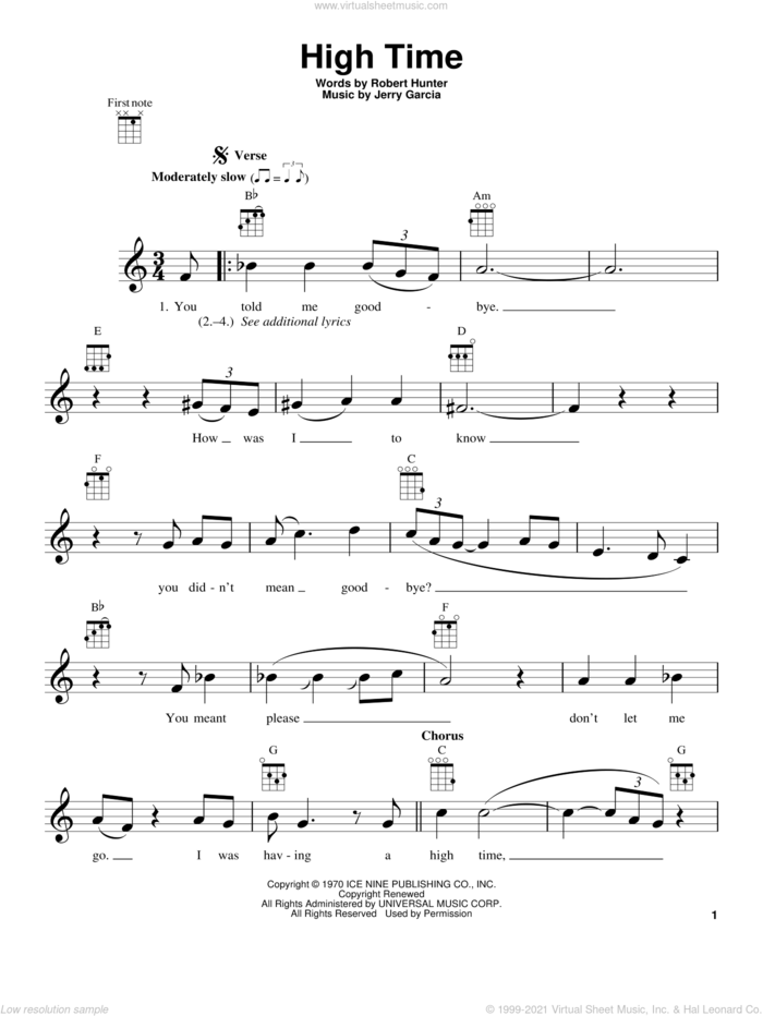 High Time sheet music for ukulele by Grateful Dead, Jerry Garcia and Robert Hunter, intermediate skill level