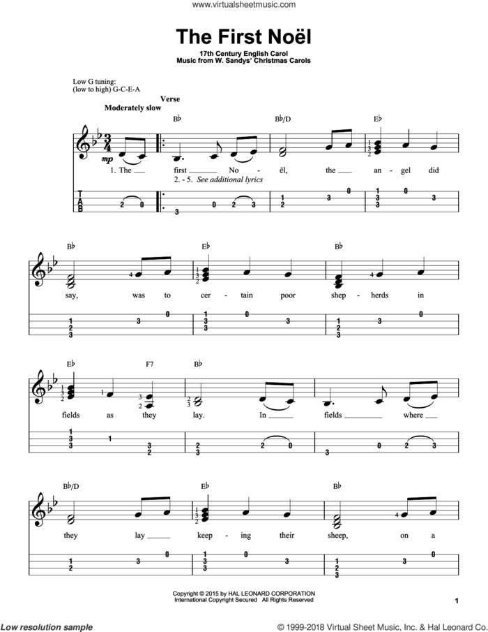 The First Noel sheet music for ukulele (easy tablature) (ukulele easy tab) by W. Sandys' Christmas Carols and Miscellaneous, intermediate skill level