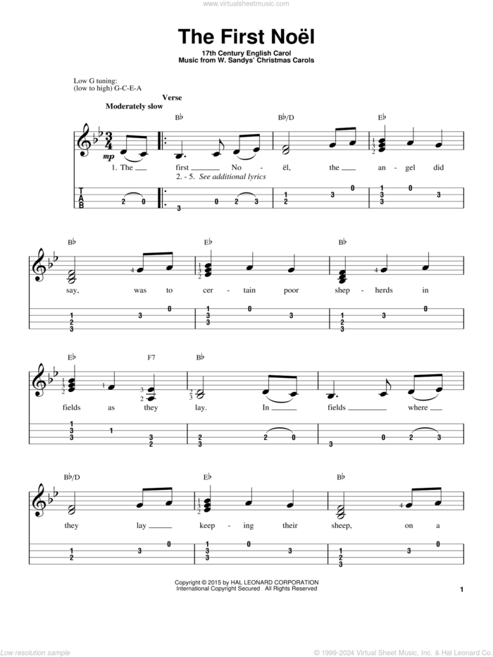 The First Noel sheet music for ukulele (easy tablature) (ukulele easy tab) by W. Sandys' Christmas Carols and Miscellaneous, intermediate skill level