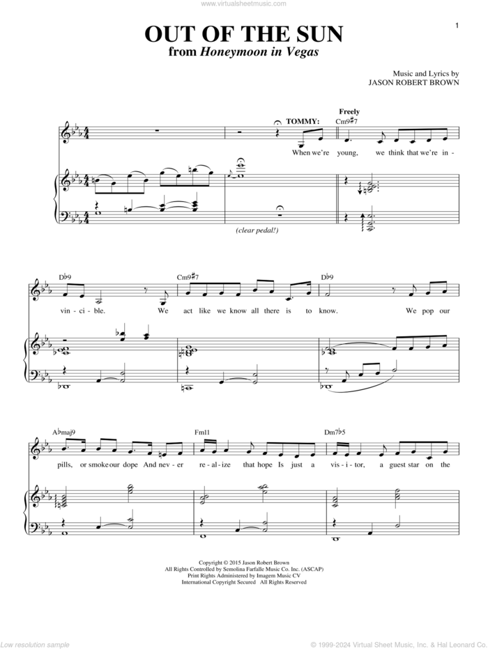 Out Of The Sun (from Honeymoon in Vegas) sheet music for voice and piano by Jason Robert Brown and Richard Walters, intermediate skill level