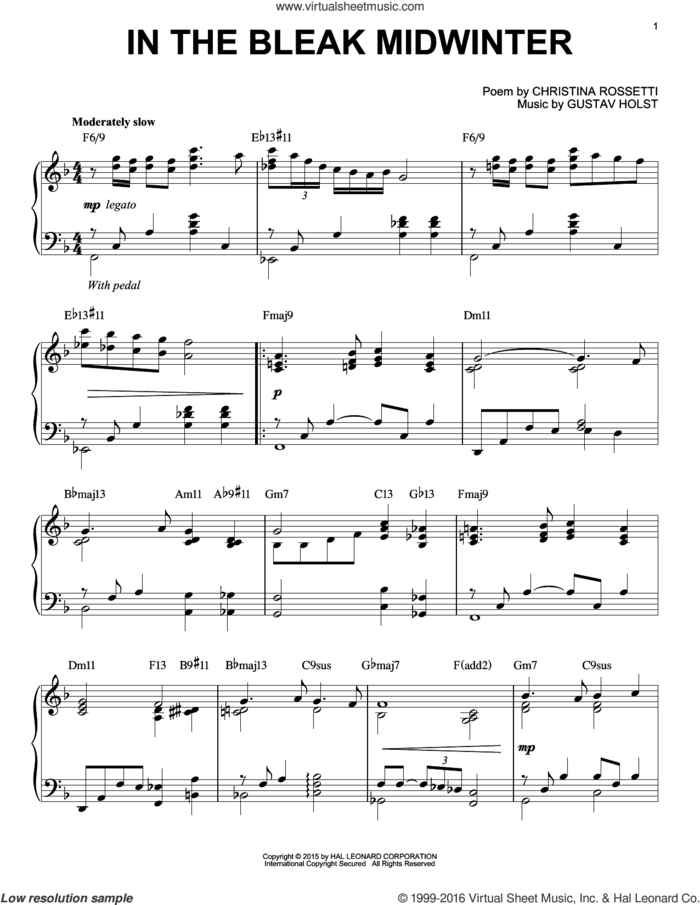 In The Bleak Midwinter [Jazz version] (arr. Brent Edstrom) sheet music for piano solo by Gustav Holst and Christina Rossetti, intermediate skill level