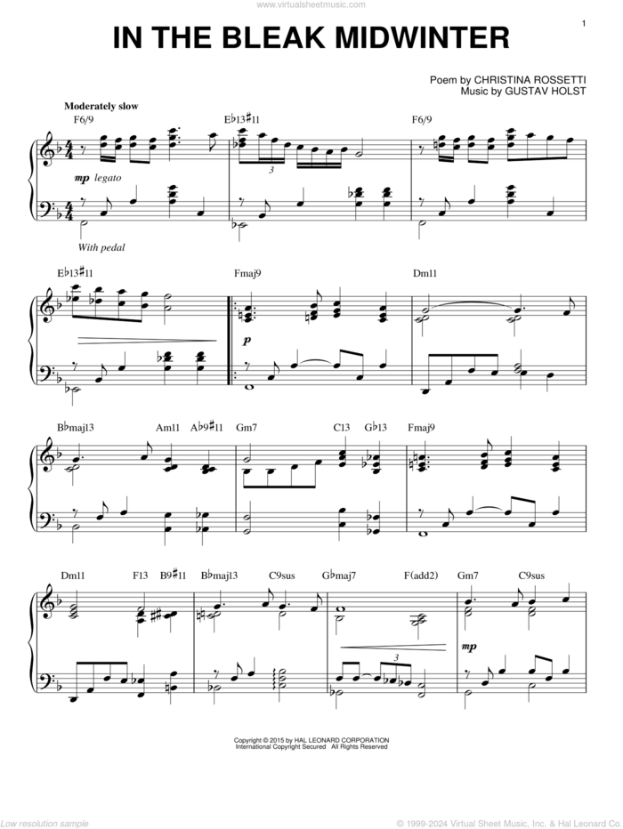 In The Bleak Midwinter [Jazz version] (arr. Brent Edstrom) sheet music for piano solo by Gustav Holst and Christina Rossetti, intermediate skill level