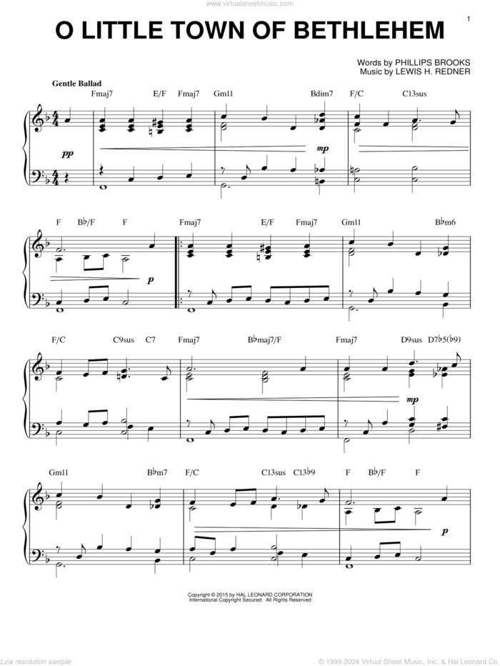 O Little Town Of Bethlehem [Jazz version] (arr. Brent Edstrom) sheet music for piano solo by Phillips Brooks and Lewis Redner, intermediate skill level