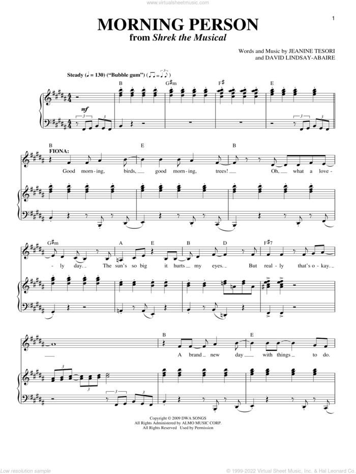 Morning Person sheet music for voice and piano by Jeanine Tesori, Richard Walters and David Lindsay-Abaire, intermediate skill level
