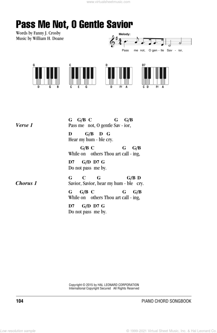Pass Me Not, O Gentle Savior sheet music for piano solo (chords, lyrics, melody) by William H. Doane and Fanny J. Crosby, intermediate piano (chords, lyrics, melody)