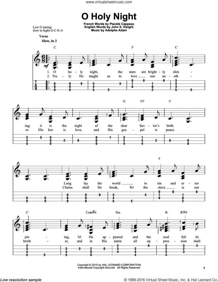 O Holy Night sheet music for ukulele (easy tablature) (ukulele easy tab) by Adolphe Adam, John S. Dwight and Placide Cappeau  (French), intermediate skill level