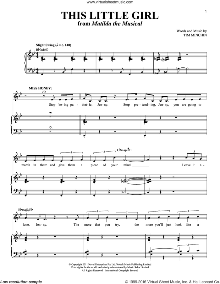 This Little Girl sheet music for voice and piano by Tim Minchin and Richard Walters, intermediate skill level