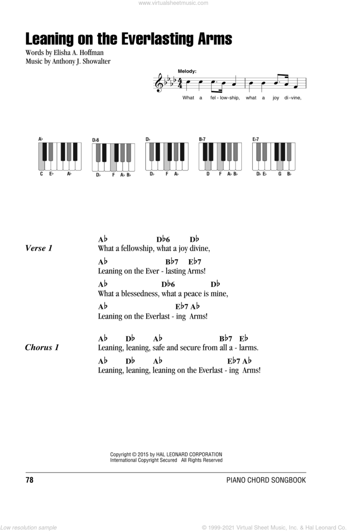 Leaning On The Everlasting Arms sheet music for piano solo (chords, lyrics, melody) by Anthony J. Showalter and Elisha A. Hoffman, intermediate piano (chords, lyrics, melody)