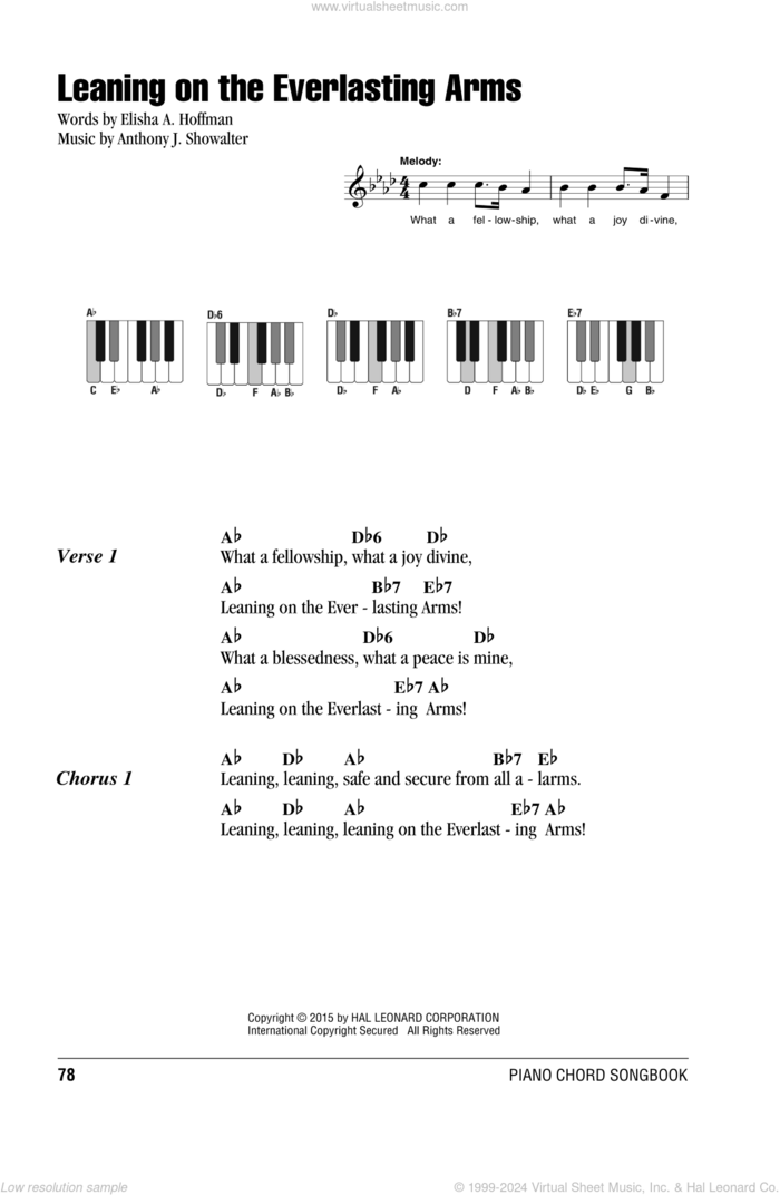 Leaning On The Everlasting Arms sheet music for piano solo (chords, lyrics, melody) by Anthony J. Showalter and Elisha A. Hoffman, intermediate piano (chords, lyrics, melody)