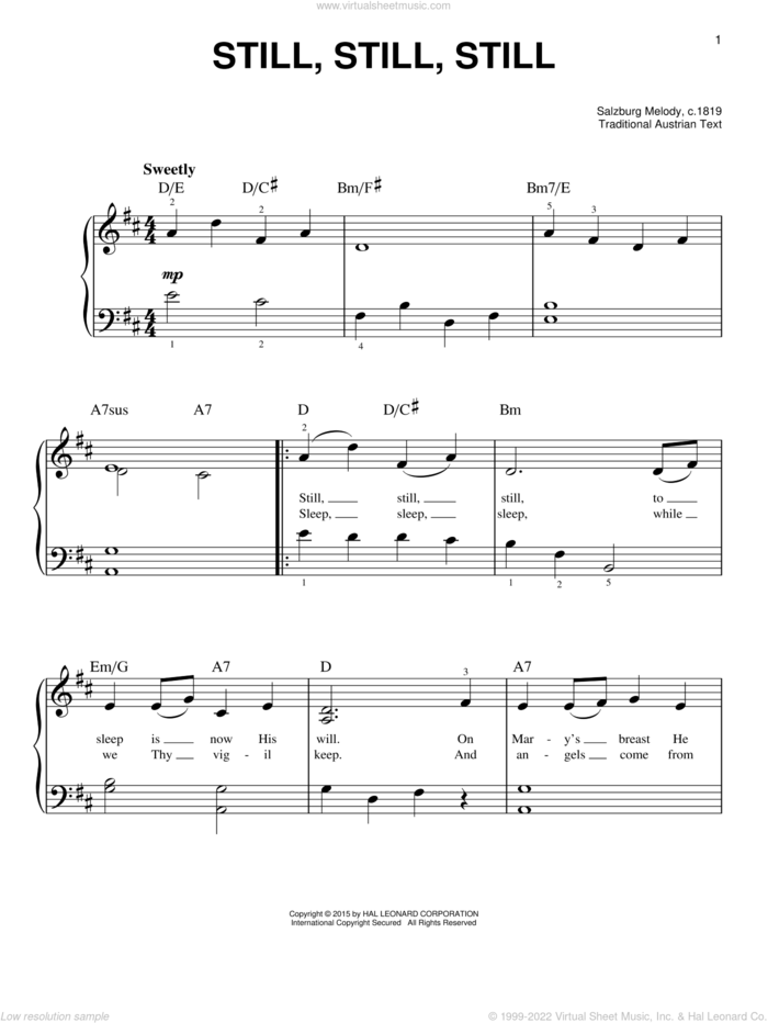 Still, Still, Still, (beginner) sheet music for piano solo by Salzburg Melody c.1819 and Miscellaneous, beginner skill level